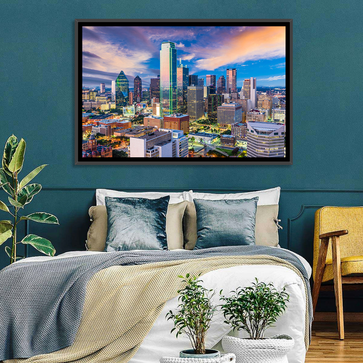 Dallas Twilight Skyline Wall Art in a room, landscape