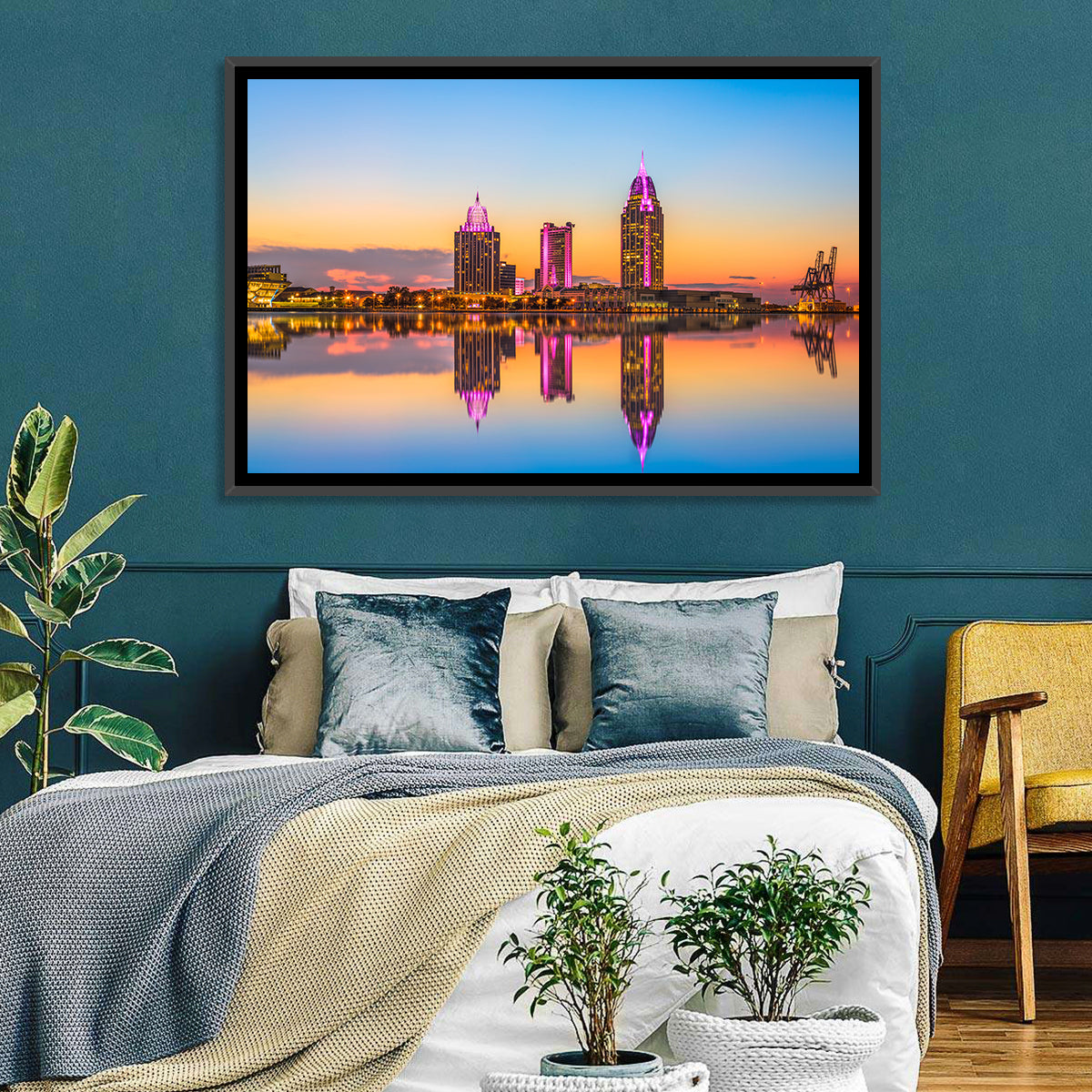 Mobile Alabama Sunset Skyline Wall Art in a room, landscape