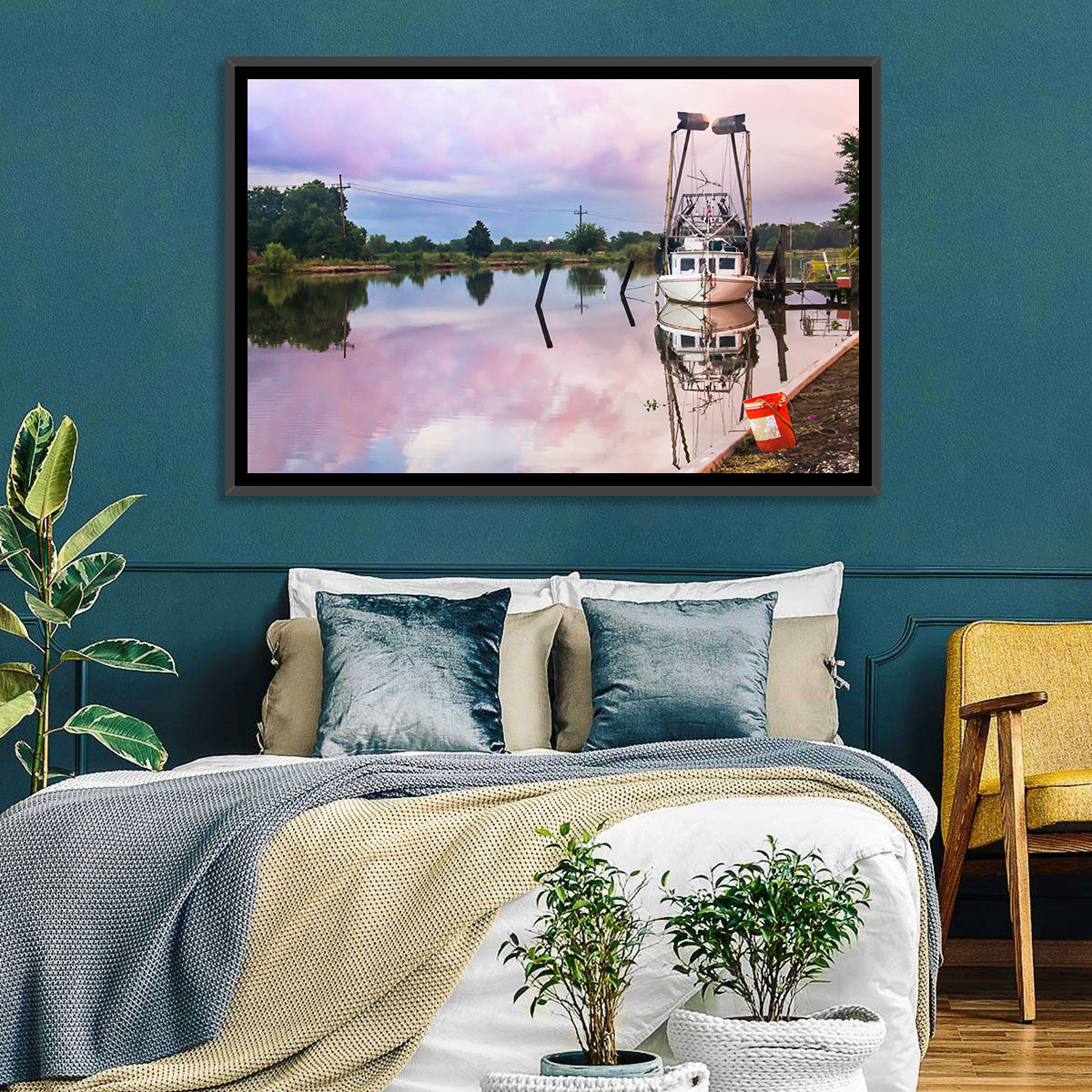 White Shrimp Boat on Louisiana Bayou Wall Art in a room, landscape