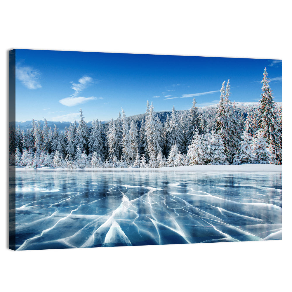Cracked Ice Lake with Snowy Pines Wall Art