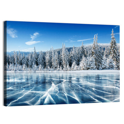 Cracked Ice Lake with Snowy Pines Wall Art