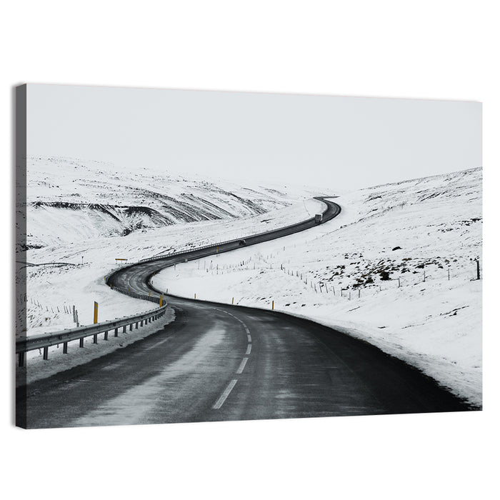 Winding Snow Road with Yellow Markers Wall Art as a canvas print