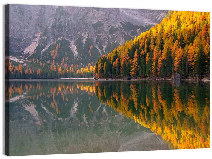 Braies Lake Golden Reflection Wall Art as a canvas print