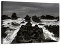 Moody Black and White Rocky Coast Waves Wall Art