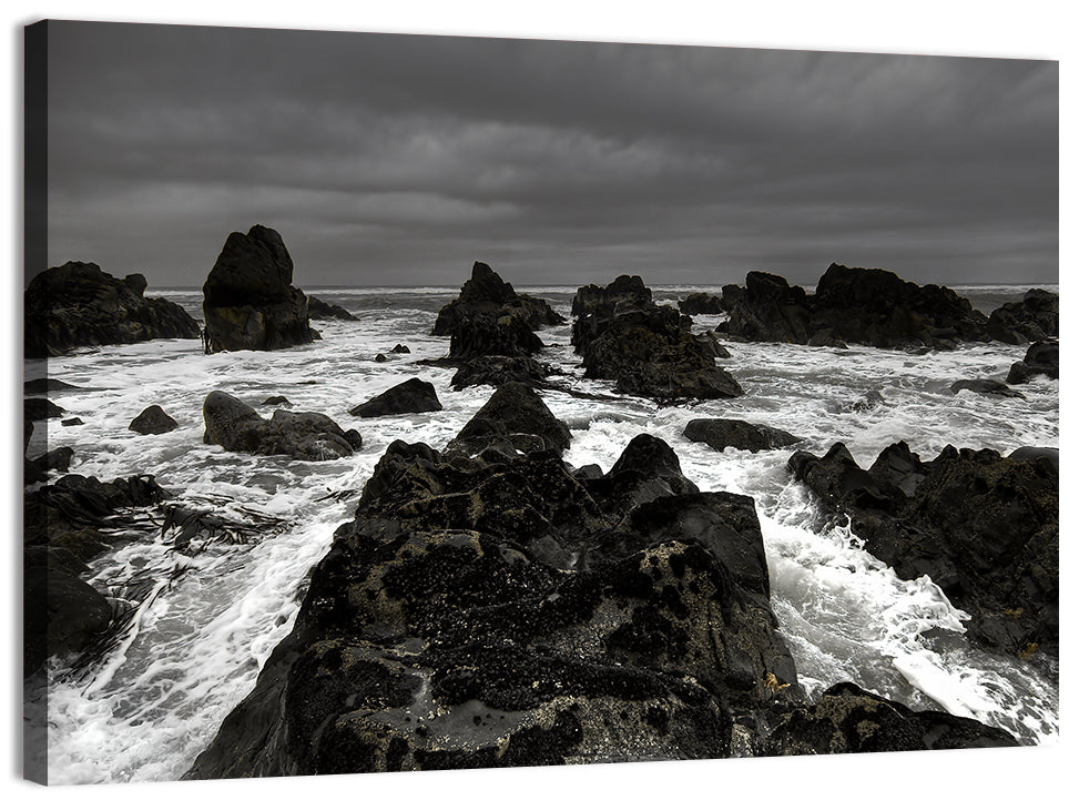 Moody Black and White Rocky Coast Waves Wall Art, canvas print, landscape