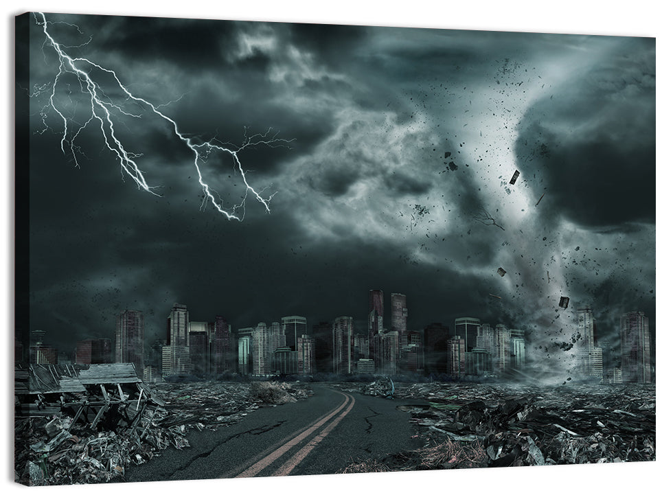 Tornado Over Destroyed City Skyline Wall Art