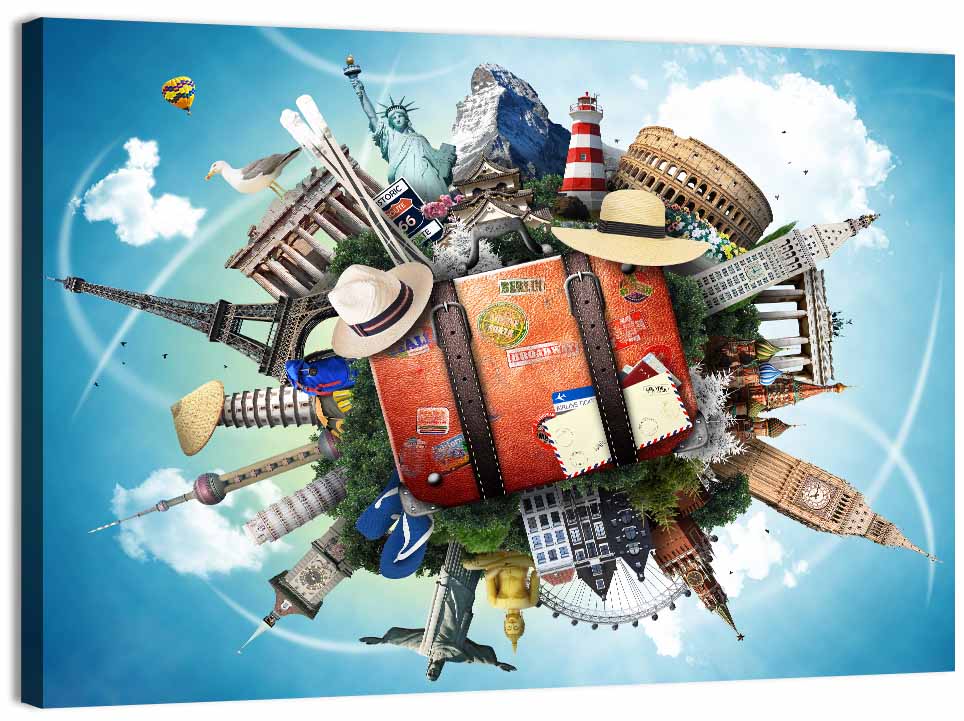 Suitcase and World Landmarks Montage Wall Art