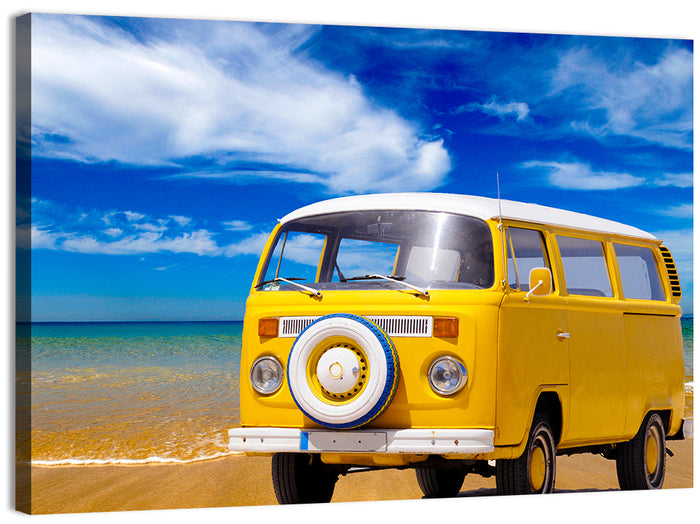 Yellow Vintage Van on Beach Wall Art as a canvas print