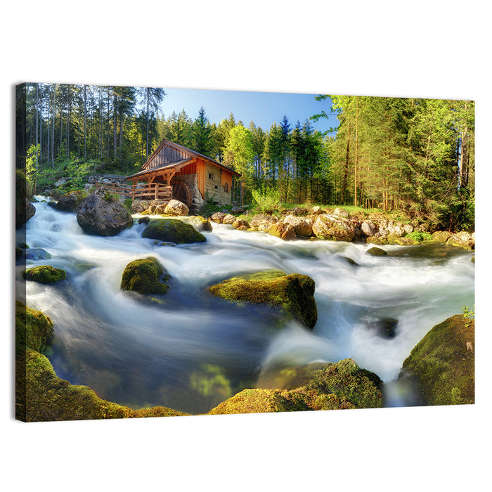 Salzburg Stream with Watermill Wall Art as a canvas print