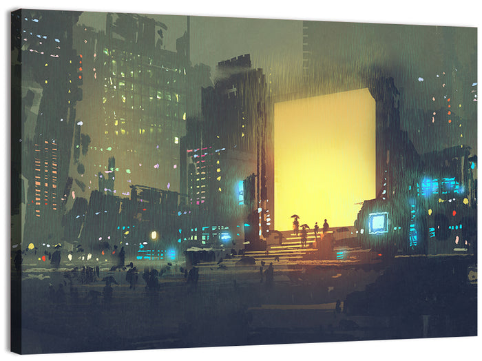 Rainy Night City with Glowing Portal Wall Art as a canvas print
