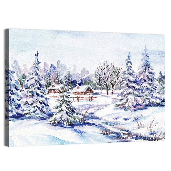 Snowy Village Path Wall Art as a canvas print