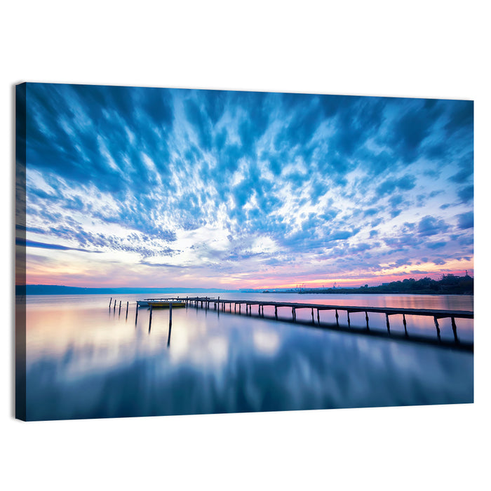 Cloudy Lake Pier at Dusk Wall Art as a canvas print