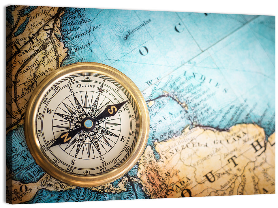 Vintage Compass Over Atlantic Map Wall Art