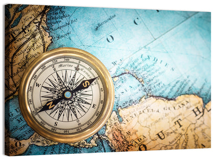 Vintage Compass Over Atlantic Map Wall Art