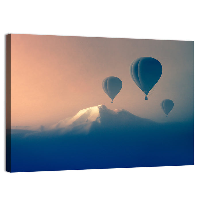 Three Hot Air Balloons Over Misty Peak Wall Art as a canvas print