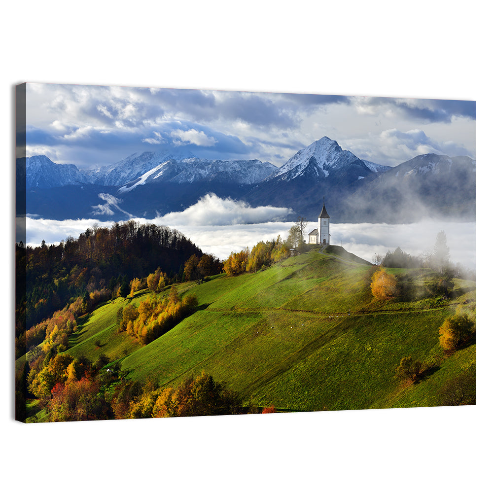 Jamnik Church on Misty Hill Wall Art, canvas print, landscape