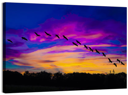 Silhouetted Cranes at Dusk Wall Art