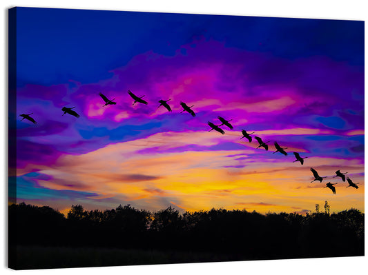Silhouetted Cranes at Dusk Wall Art