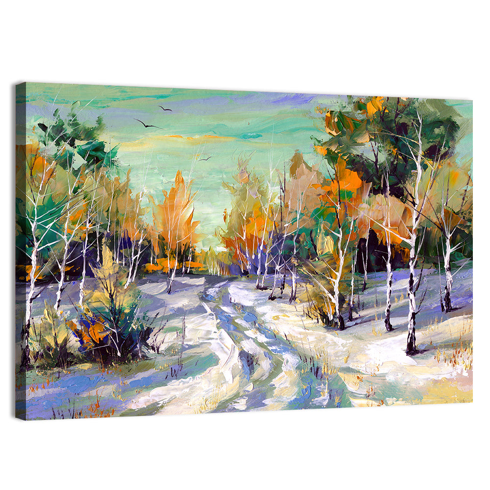 Winter Birch Forest Path Wall Art, canvas print, landscape