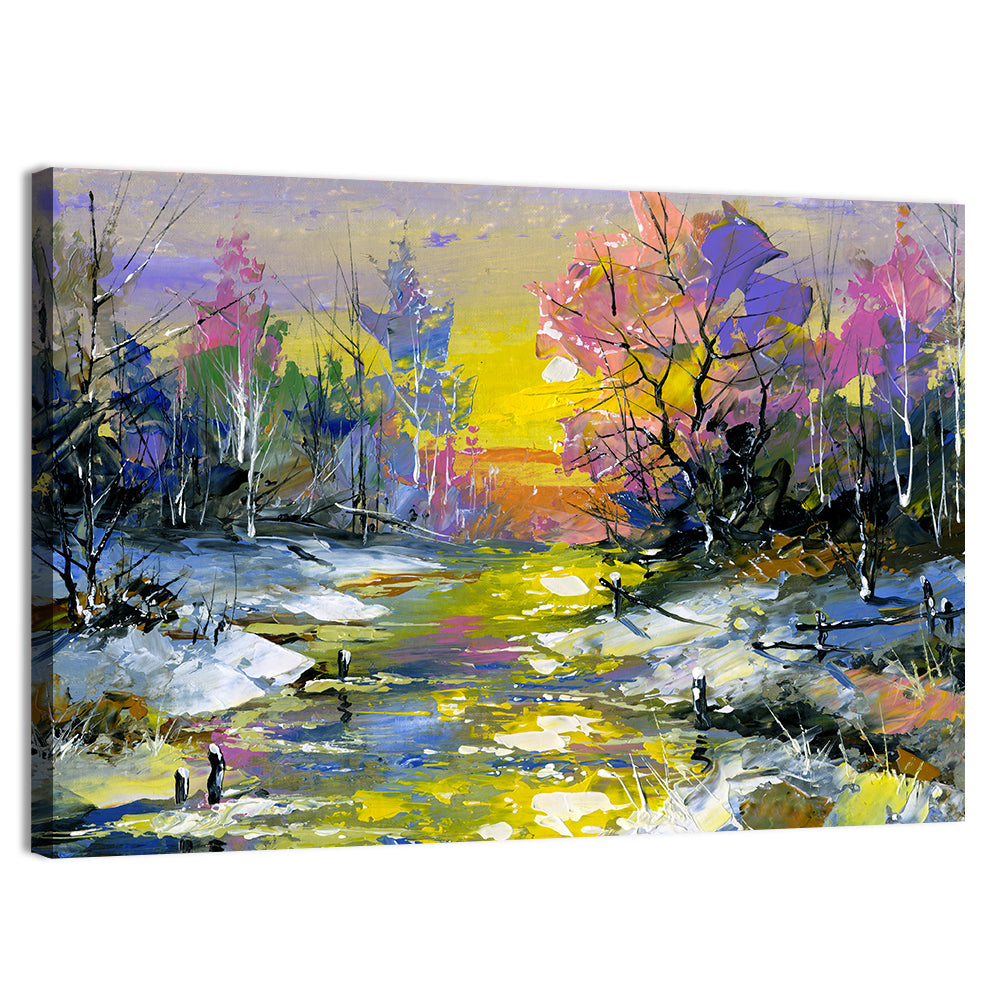 Golden Sunset Over Snowy Stream Wall Art, canvas print, landscape