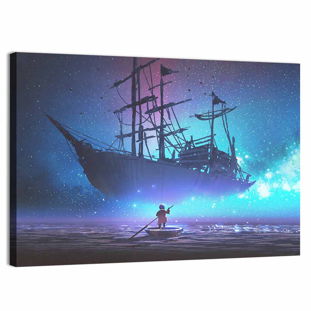 Sailing Ship Under Starry Sky Wall Art, canvas print, landscape