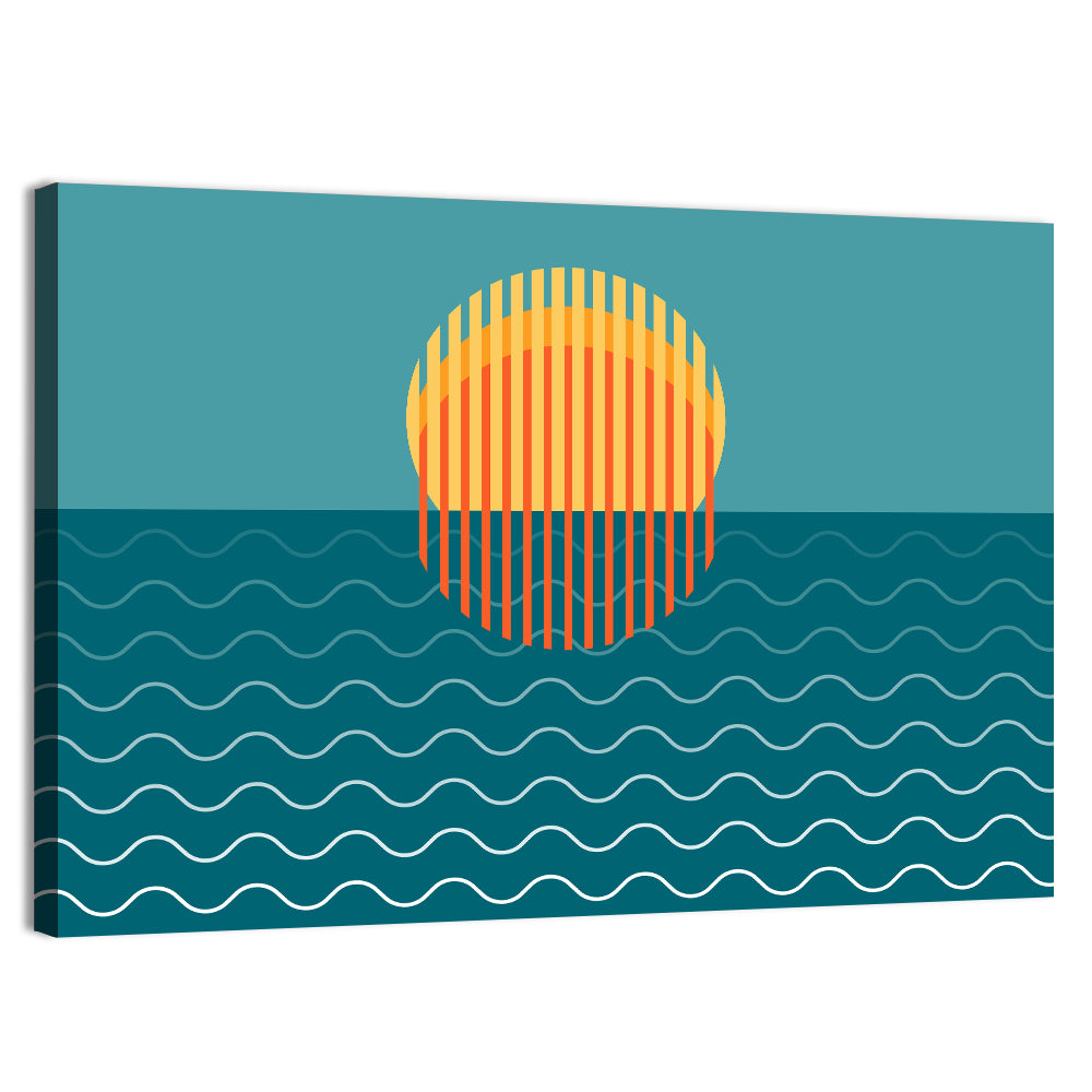 Teal Ocean Sunset Illustration Wall Art, canvas print, landscape