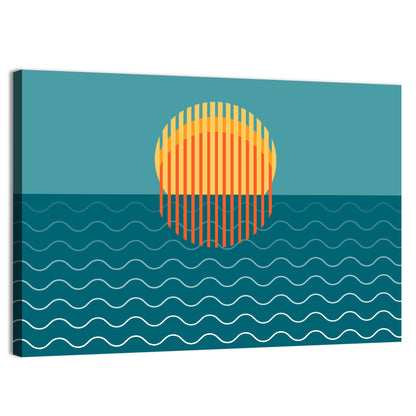 Teal Ocean Sunset Illustration Wall Art
