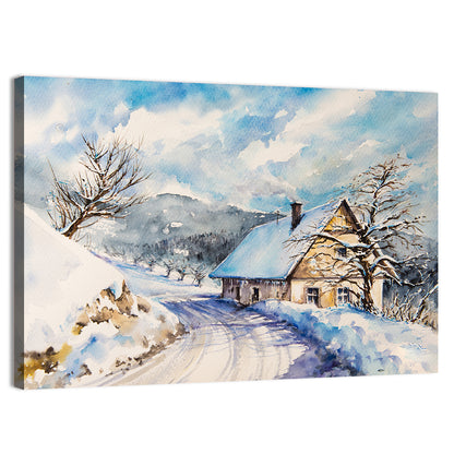 Snowy Mountain Cottage on Curved Path Wall Art