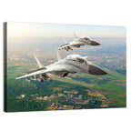Twin Fighter Jets Over Cityscape Wall Art