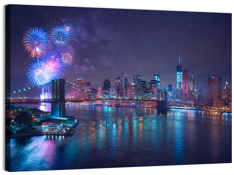 Fireworks Over Brooklyn Bridge Wall Art, canvas print, landscape