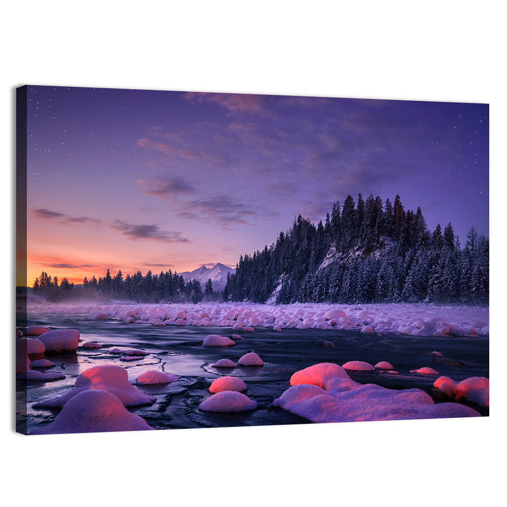 Twilight River and Snowy Pines Wall Art, canvas print, landscape