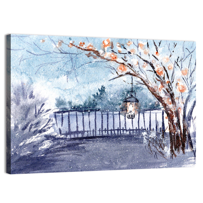 Countryside Winter Lantern Illustration Wall Art as a canvas print