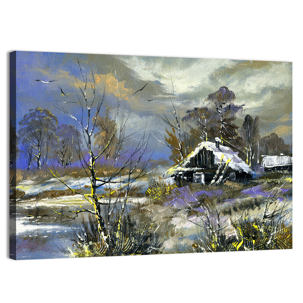 Winter Cottage by the River Wall Art, canvas print, landscape