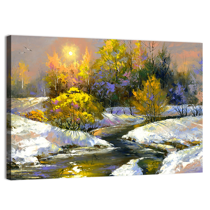 Sunlit Winter River Wall Art as a canvas print
