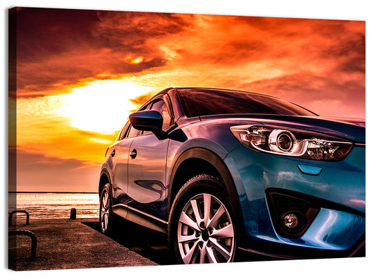 Suv on Pier at Sunset Wall Art