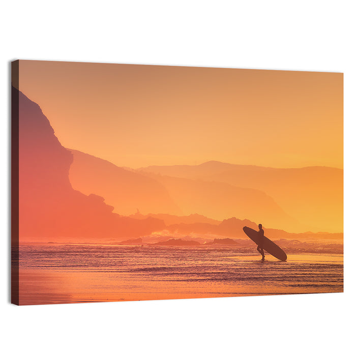 Surfer Silhouette at Golden Sunset Wall Art as a canvas print