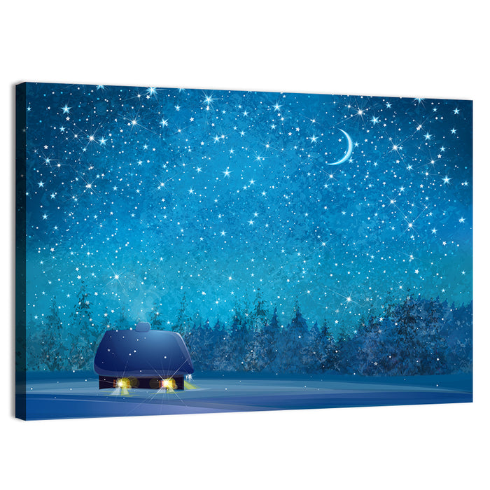 Winter Cottage Under Crescent Moon Wall Art as a canvas print