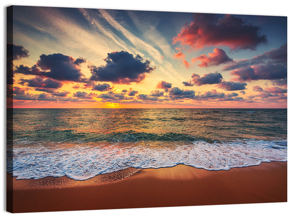 Golden Hour Beach Waves Under Cloudy Sky Wall Art, canvas print, landscape