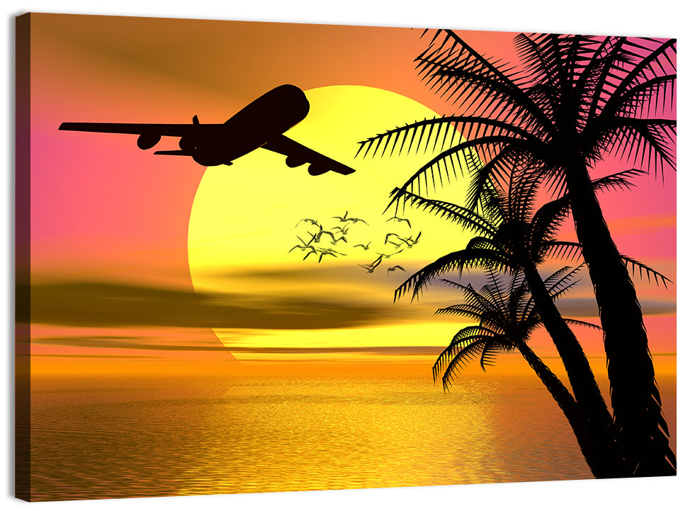 Wide-body Airplane Over Caribbean Dusk Wall Art, canvas print, landscape
