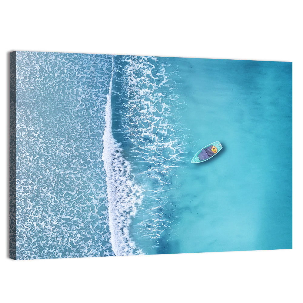 Lone Boat Over Turquoise Waves Wall Art