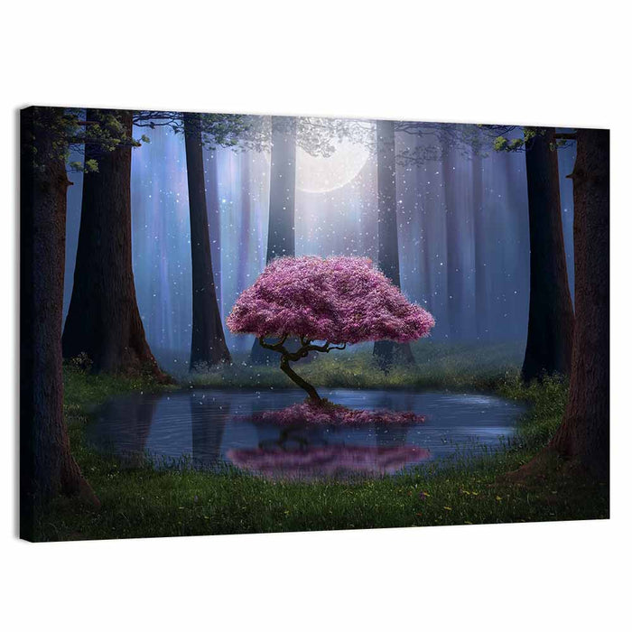 Moonlit Cherry Blossom Reflection Wall Art as a canvas print