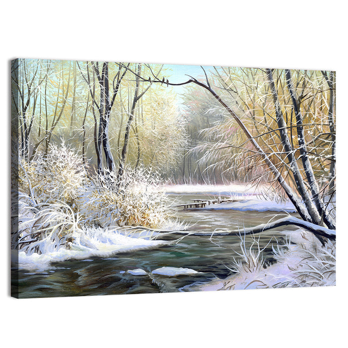 Frozen River with Perched Birds Wall Art as a canvas print