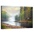 Misty River with Red Roof Cabin Wall Art
