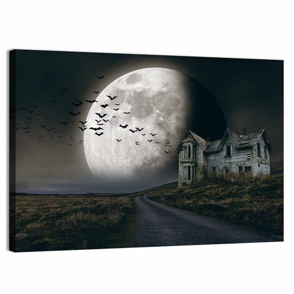 Haunted House Under Full Moon Wall Art