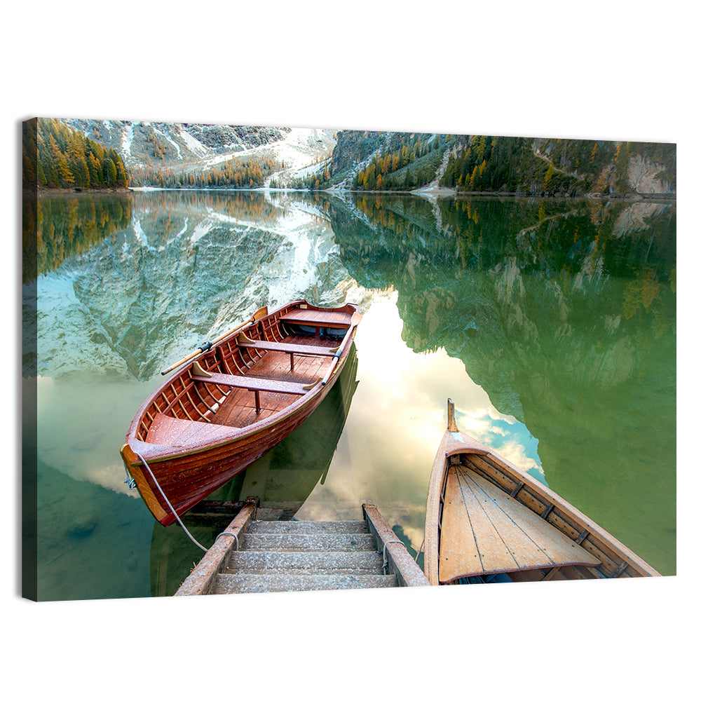 Autumn Lake with Wooden Boats Wall Art, canvas print, landscape