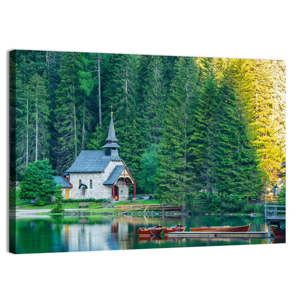 Lago Di Braies Chapel Reflection Wall Art