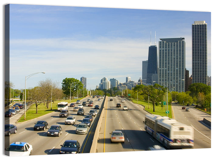 Chicago Expressway Toward Downtown Skyline Wall Art as a canvas print