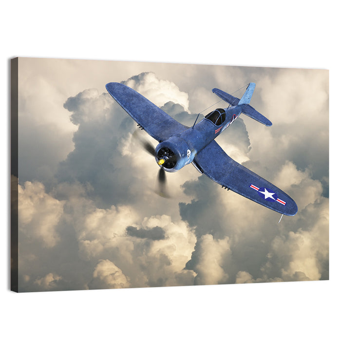 Wwii Fighter Plane Over Clouds Wall Art as a canvas print
