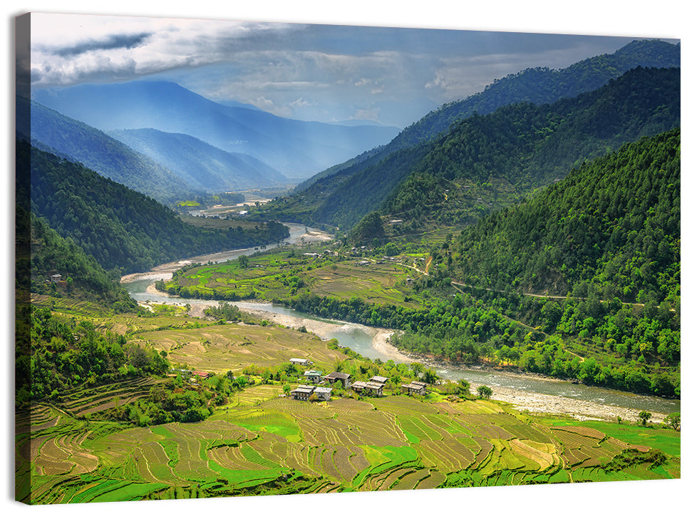 Punakha River Valley with Terraced Rice Fields Wall Art, canvas print, landscape