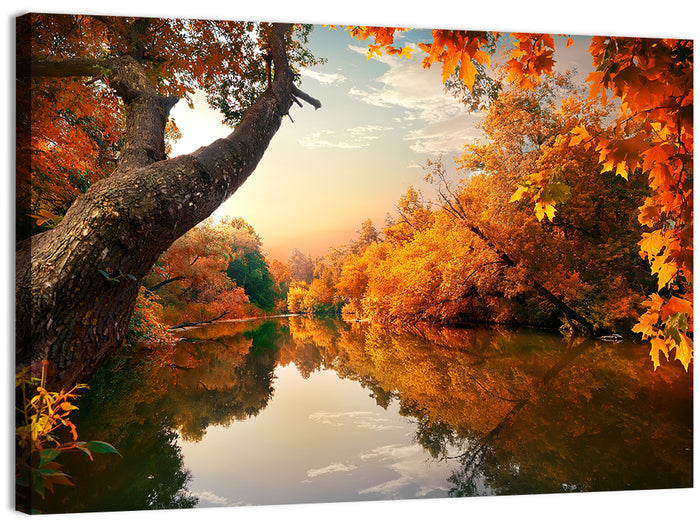 Golden Autumn River Reflections Wall Art as a canvas print